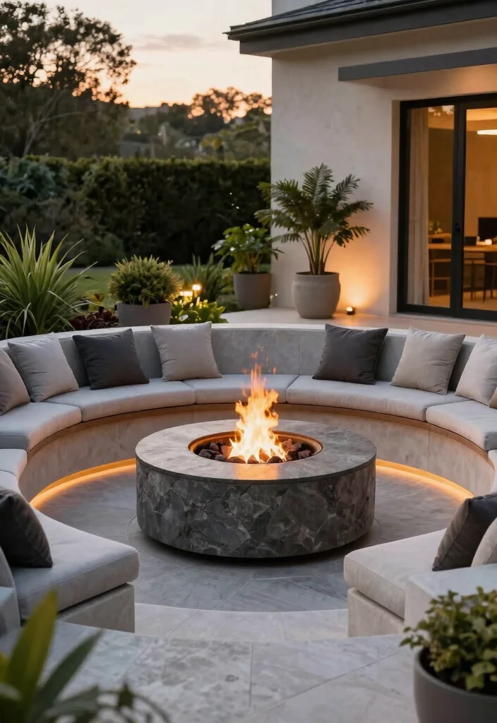 15 Backyard Fire Pit Lounge Ideas for a Relaxed Outdoor Living Space 3. Patio Paradise with Built in Fire Pit 0