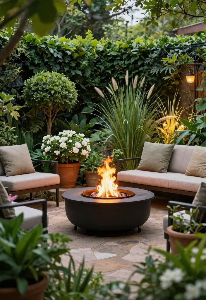 15 Backyard Fire Pit Lounge Ideas for a Relaxed Outdoor Living Space 4. Garden Oasis with Fire Pit and Foliage 0