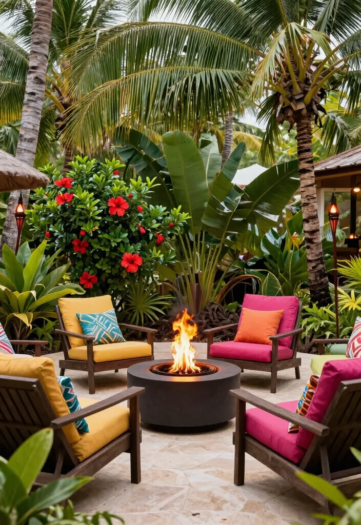 15 Backyard Fire Pit Lounge Ideas for a Relaxed Outdoor Living Space 9. Tropical Paradise Fire Pit 0