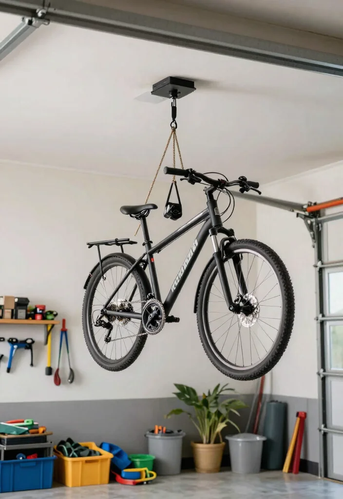 15 Bike Storage Ideas for Garages Sheds and Small Spaces 5. Ceiling Mounted Bike Hoists 0