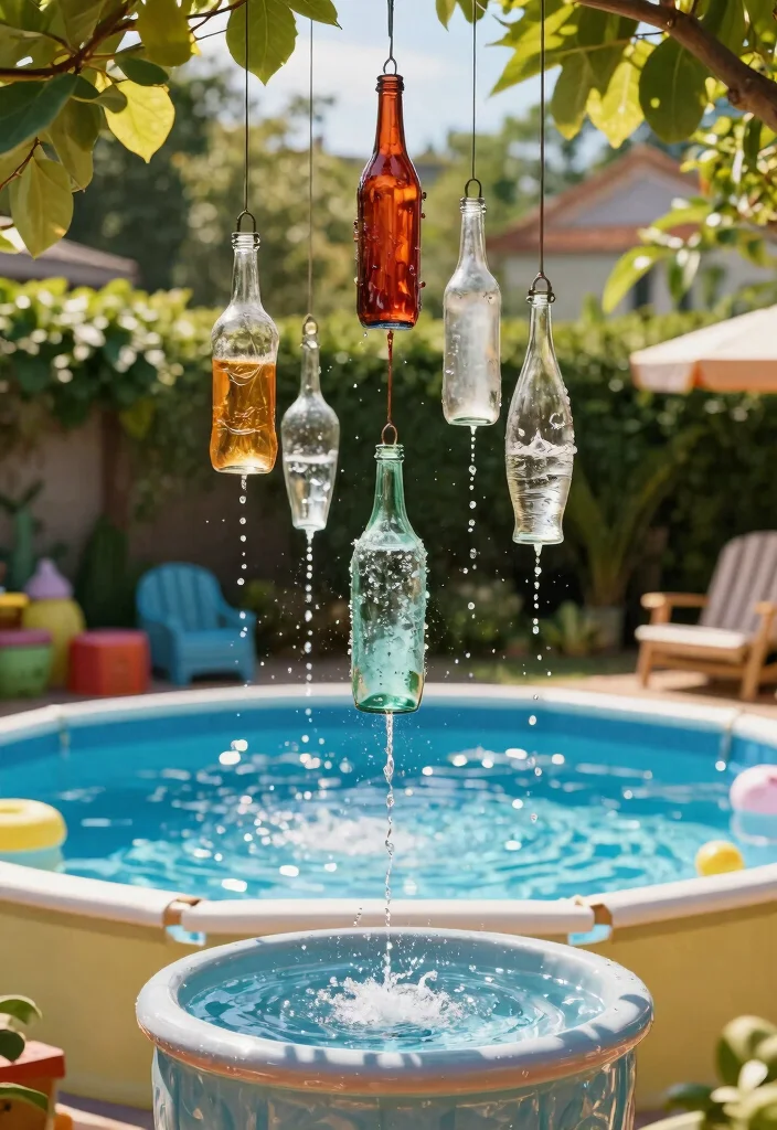 15 DIY Above Ground Pool Fountain Ideas on a Budget 3. Hanging Bottle Fountain 0