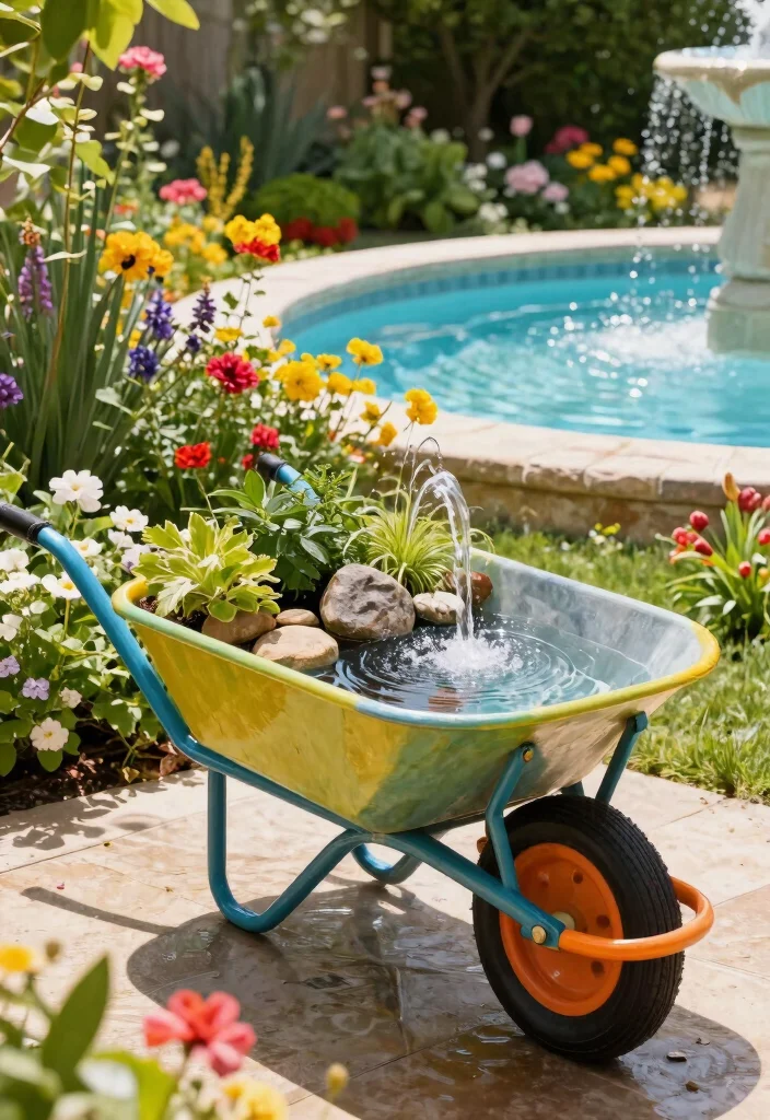 15 DIY Above Ground Pool Fountain Ideas on a Budget 5. Repurposed Wheelbarrow Fountain 0
