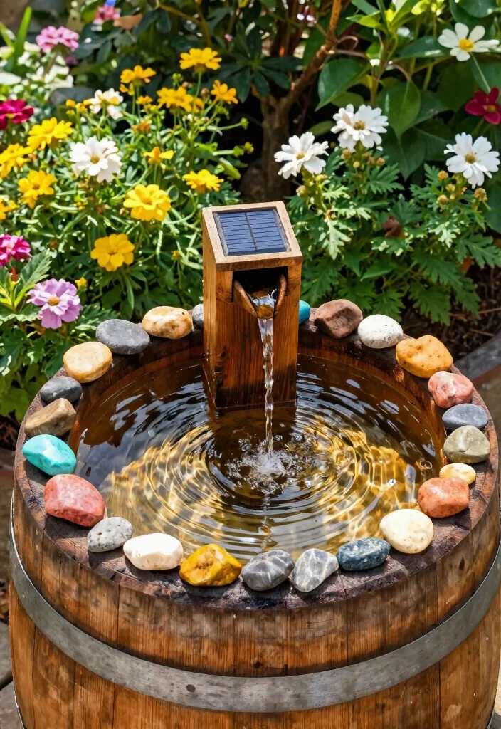 15 DIY Solar Water Feature Ideas That Need No Electricity to Run 1. Rustic Barrel Water Fountain 0