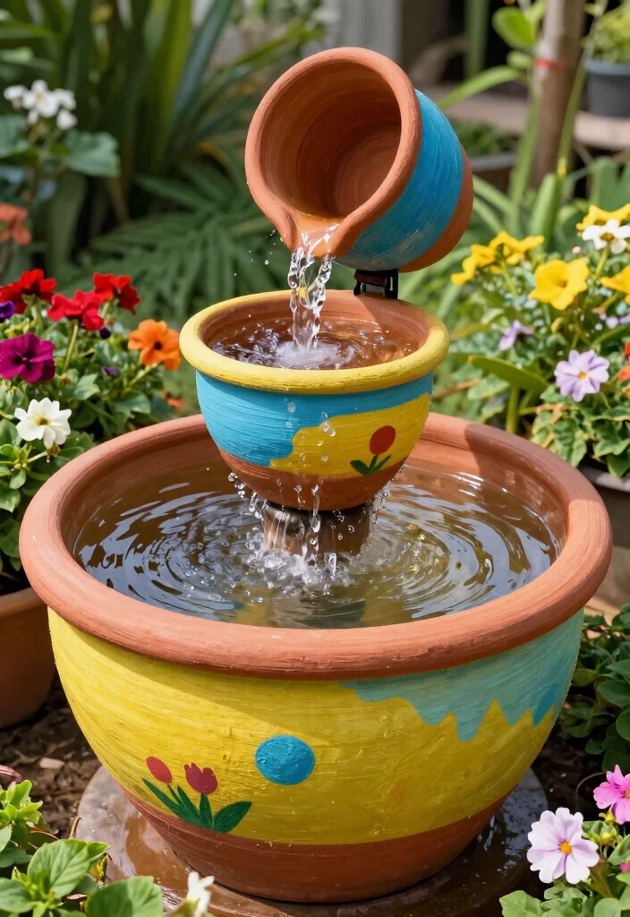 15 DIY Solar Water Feature Ideas That Need No Electricity to Run 11. Painted Clay Pot Fountain 0