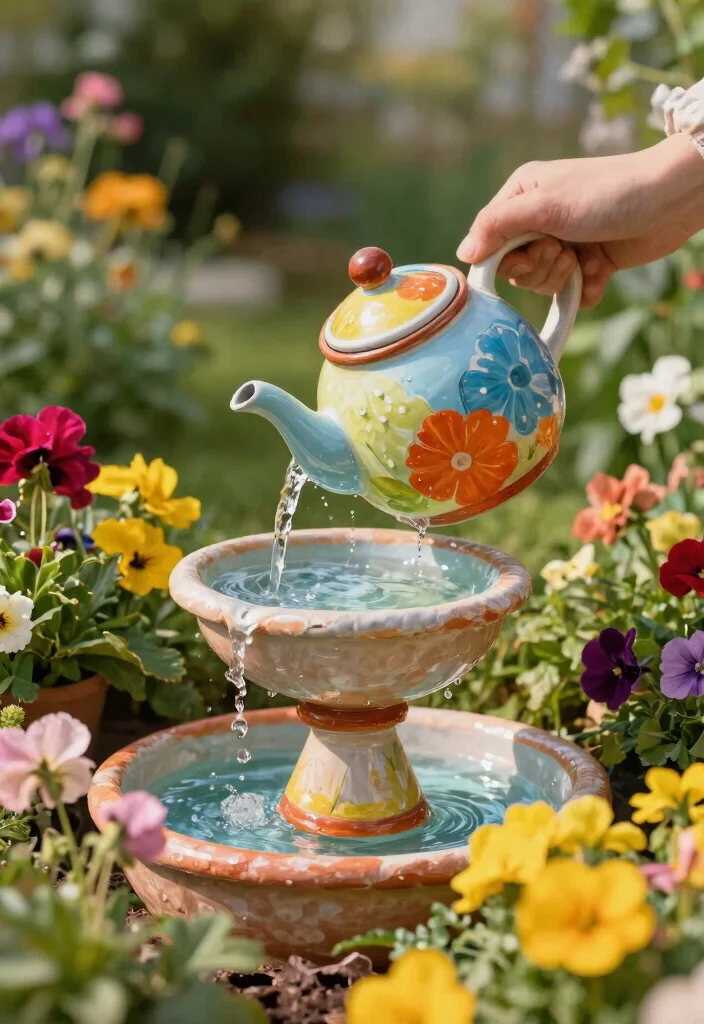 15 DIY Solar Water Feature Ideas That Need No Electricity to Run 6. Upcycled Teapot Fountain 0