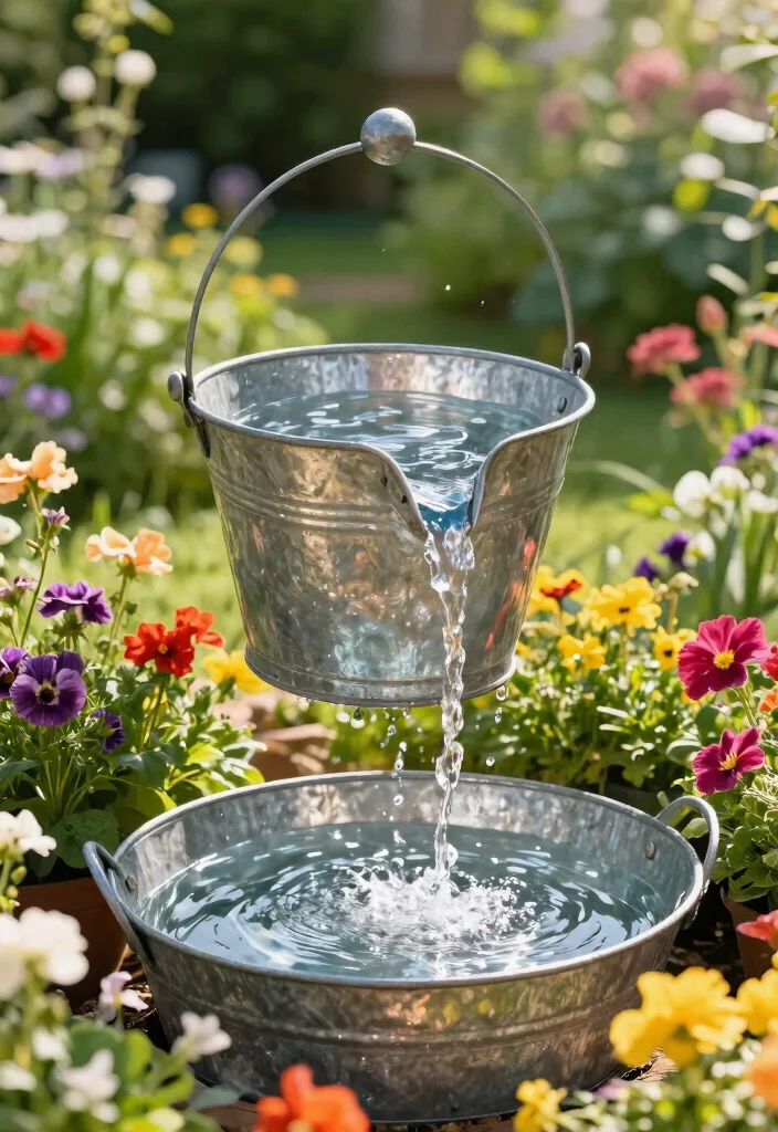 15 DIY Solar Water Feature Ideas That Need No Electricity to Run 7. Decorative Galvanized Bucket Fountain 0
