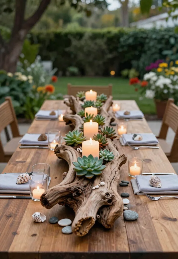 15 Outdoor Table Decor Ideas for a Stylish Al Fresco Setup 4. Natural Elements with Driftwood Accents 0