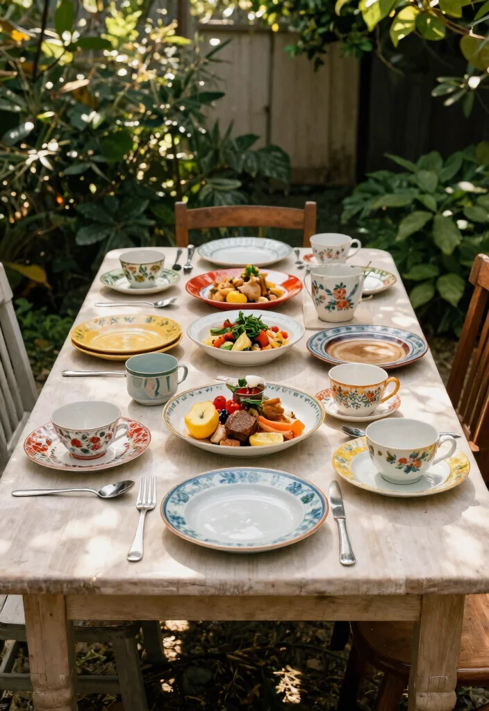 15 Outdoor Table Decor Ideas for a Stylish Al Fresco Setup 8. Vintage Tableware Mix 0