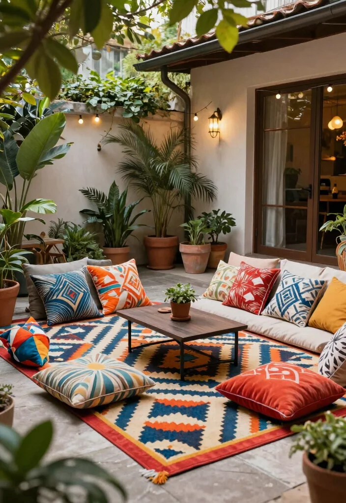 15 Patio Decorating Ideas on a Budget That Actually Look Expensive 2. Stylish Outdoor Rugs Defining Spaces 0