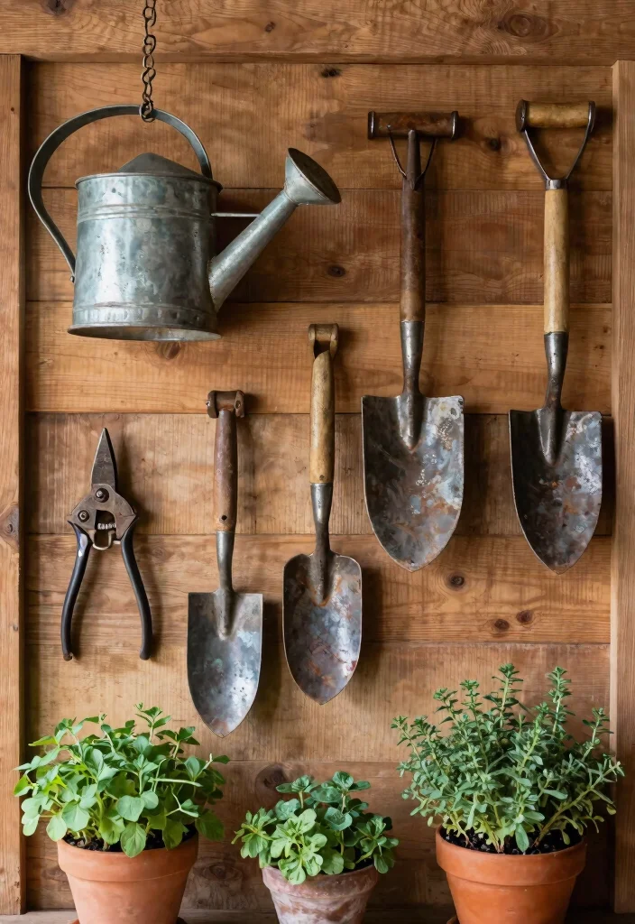 15 Vintage Farmhouse Decor Ideas for a Warm and Lived In Home 5. Antique Garden Tools as Decor 0