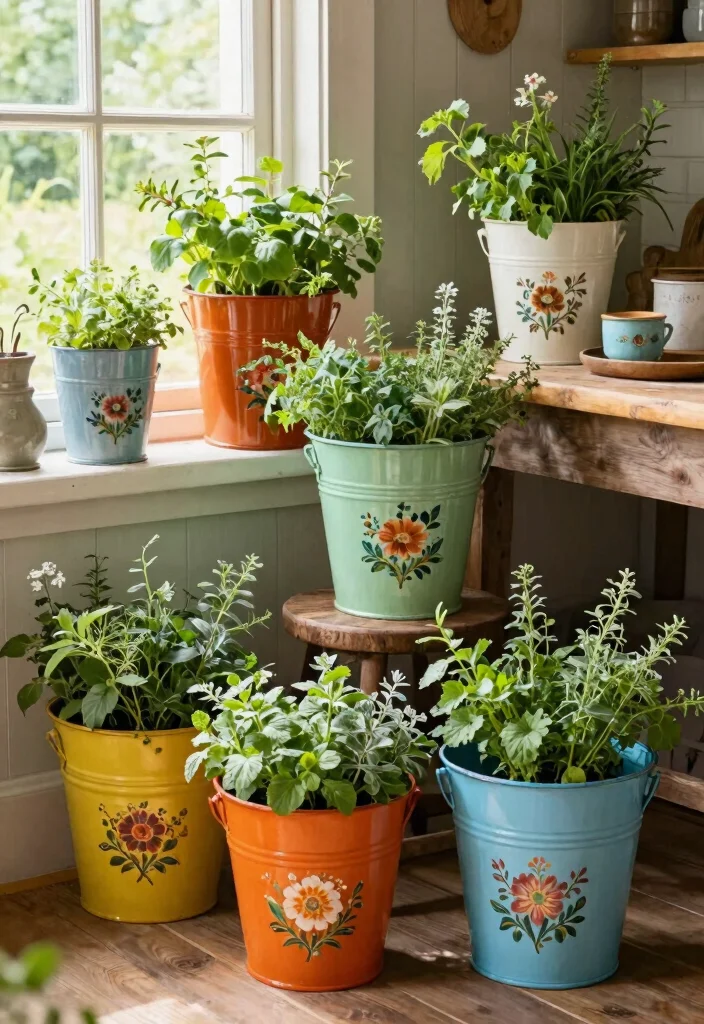 15 Vintage Farmhouse Decor Ideas for a Warm and Lived In Home 7. Vintage Painted Buckets 0