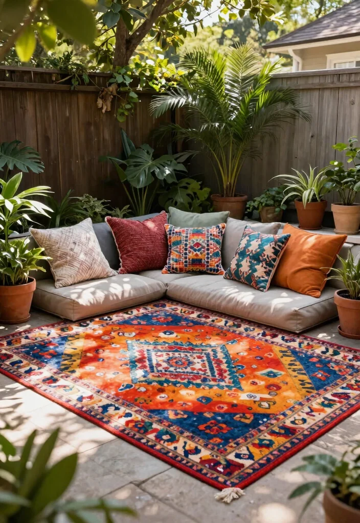 18 Small Backyard Ideas That Make a Tiny Space Feel Bigger 8. Outdoor Rugs 0