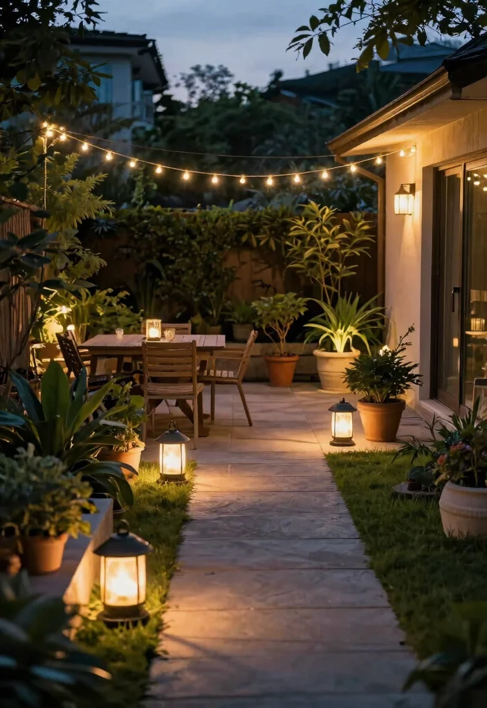 18 Small Backyard Ideas That Make a Tiny Space Feel Bigger 9. Garden Lighting 0