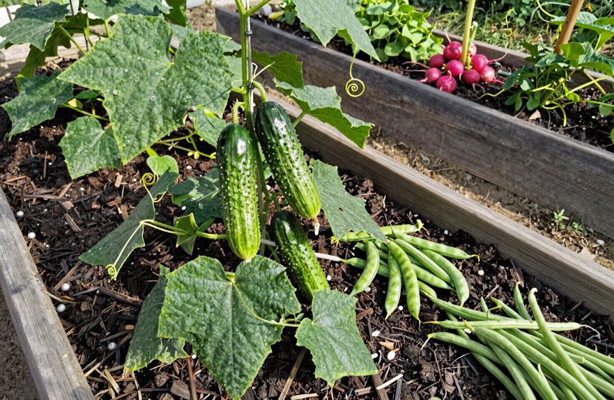 trellised cucumbers in raised beds