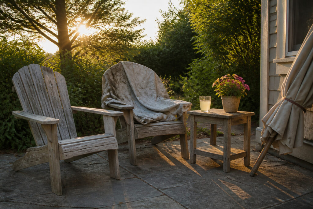 Two weathered Adirondack chairs on a sun-drenched patio in the afternoon