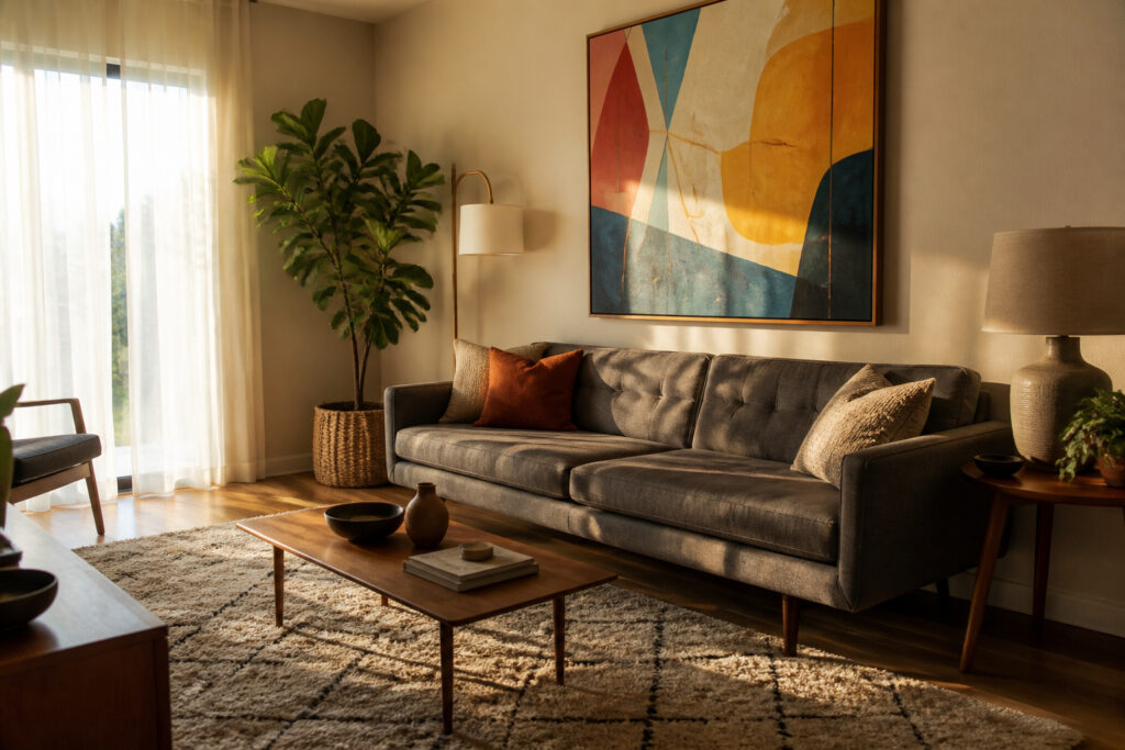 Cozy living room with mid-century modern gray sofa and decorative elements