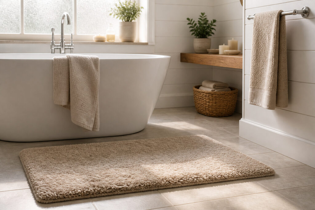 Cozy bathroom with a plush beige rug and soft lighting