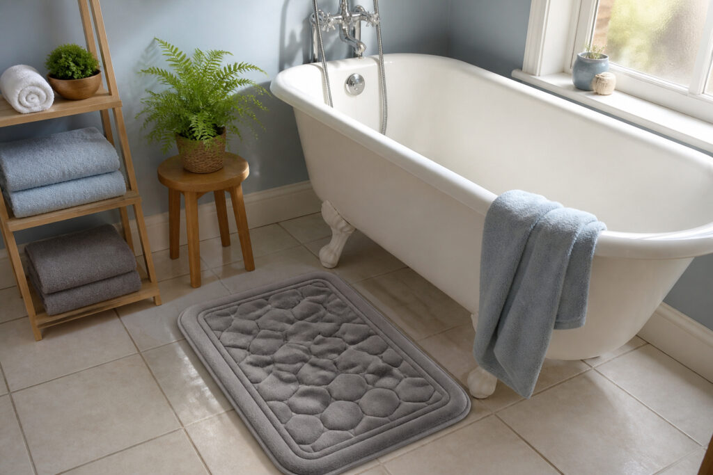 Cozy bathroom with soft morning light and a frosted window