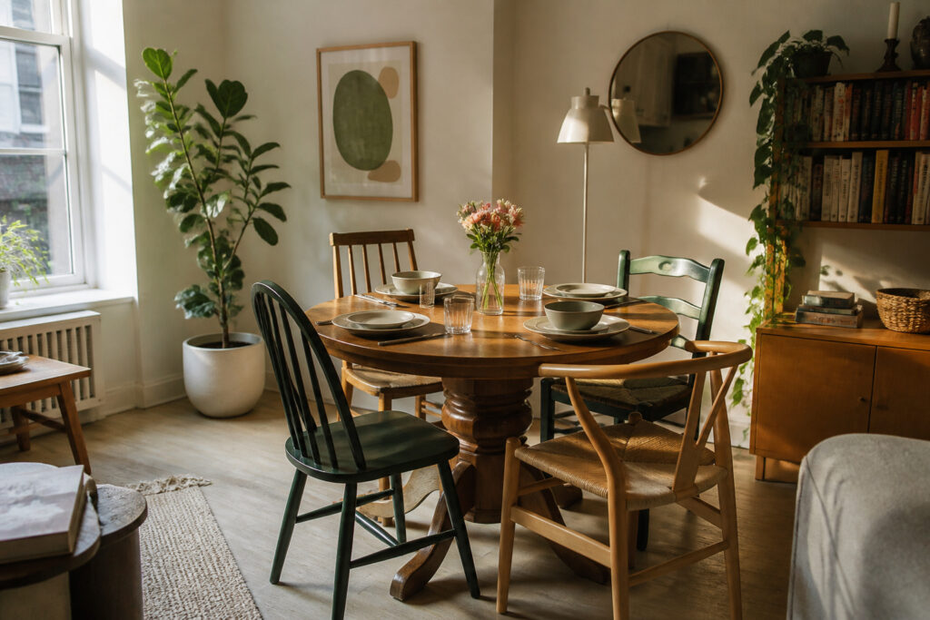 Cozy dining area with a round wooden table and chairs in sunlight