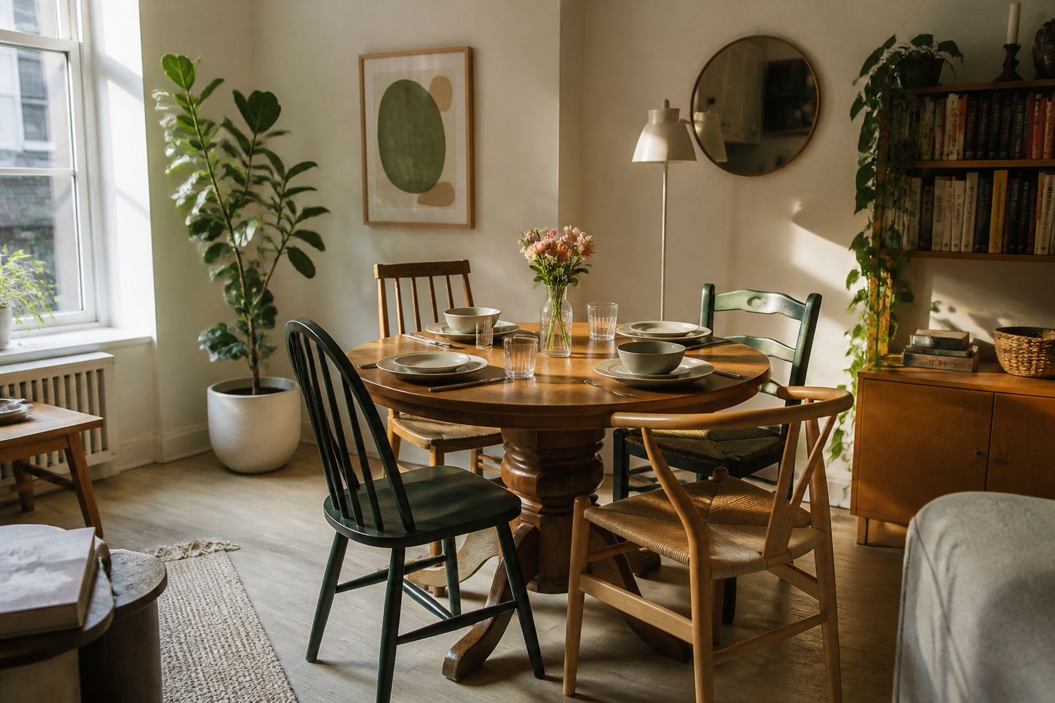 Cozy dining area with a round wooden table and chairs in sunlight