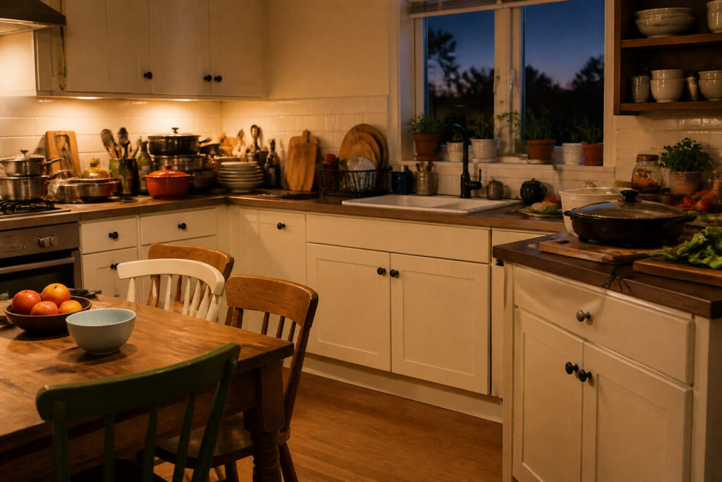 Cozy kitchen with soft lighting and wooden dining table