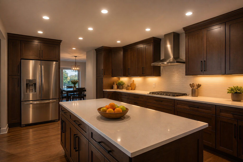 Modern kitchen with dark wood cabinetry and a centralized island