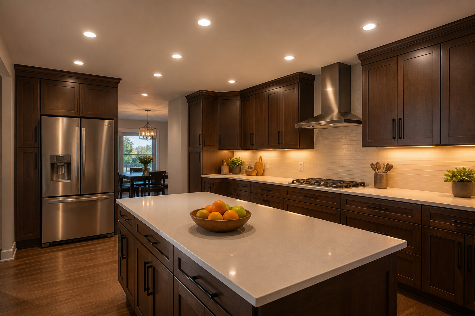Modern kitchen with dark wood cabinetry and a centralized island
