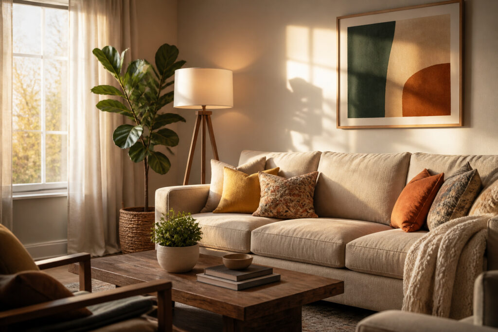 Cozy living room with warm sunlight filtering through curtains