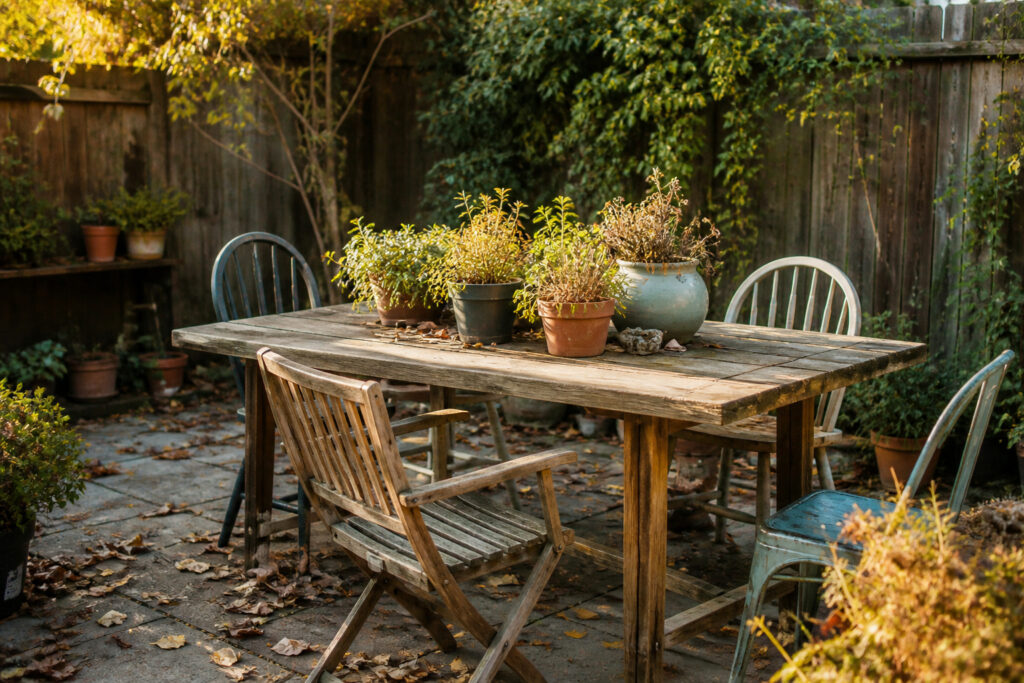 A weathered wooden dining table on a sunlit patio