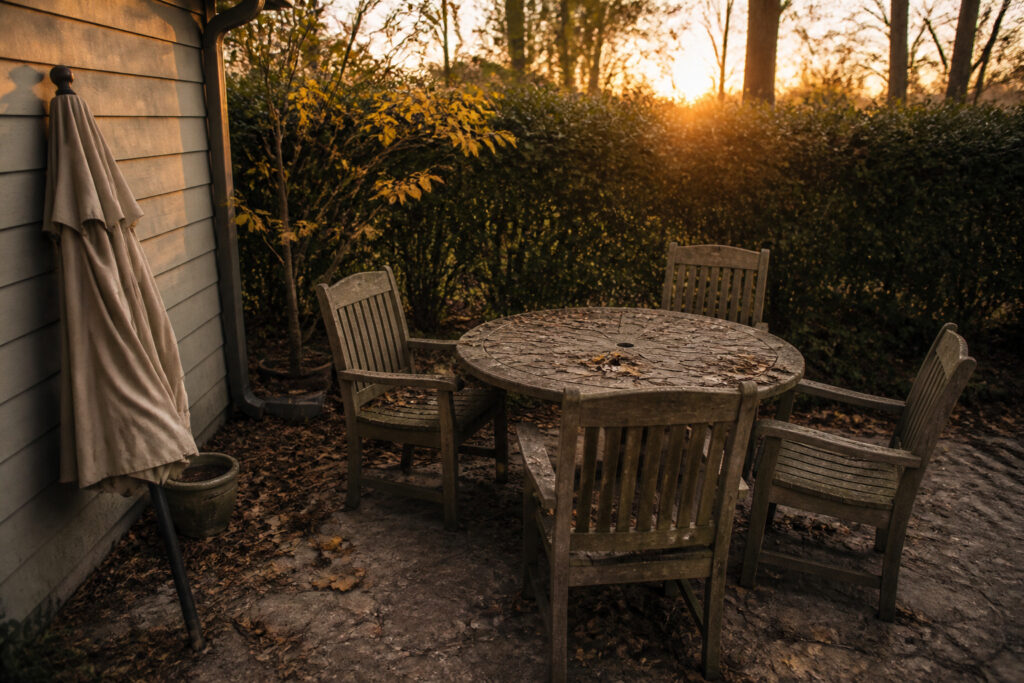 Cozy backyard with a weathered wooden dining set during golden hour
