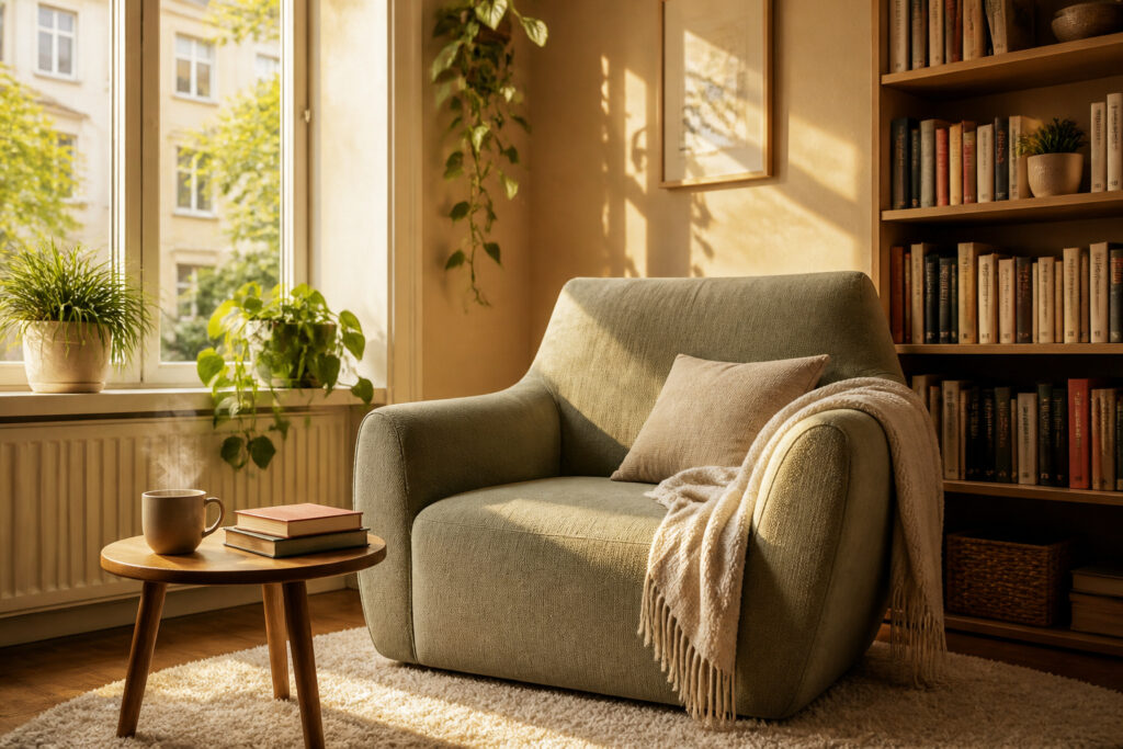 Cozy reading nook with a lounge chair and large windows