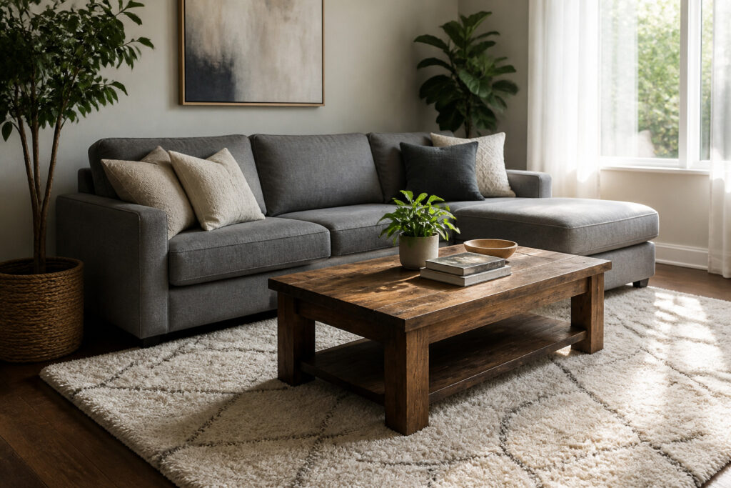 Cozy living room with a grey sectional couch and soft lighting
