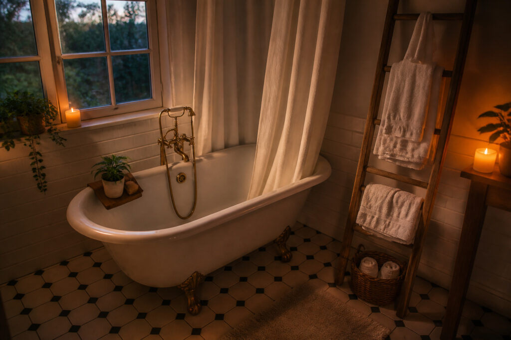 Cozy bathroom with a clawfoot tub and dim lighting at dusk