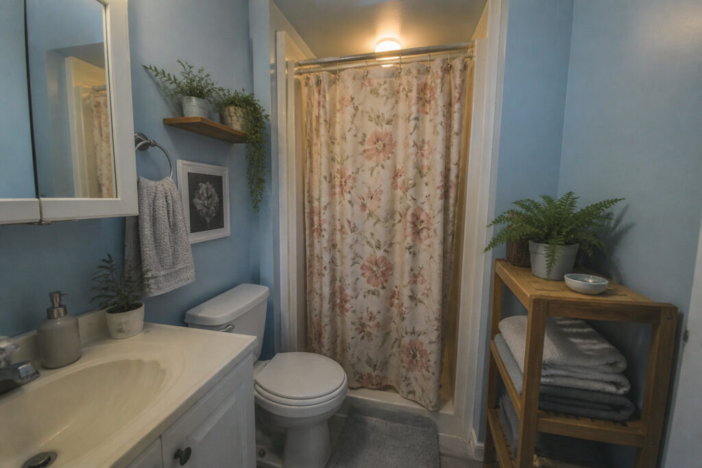 A small bathroom with pale blue walls and a tiny shower stall.