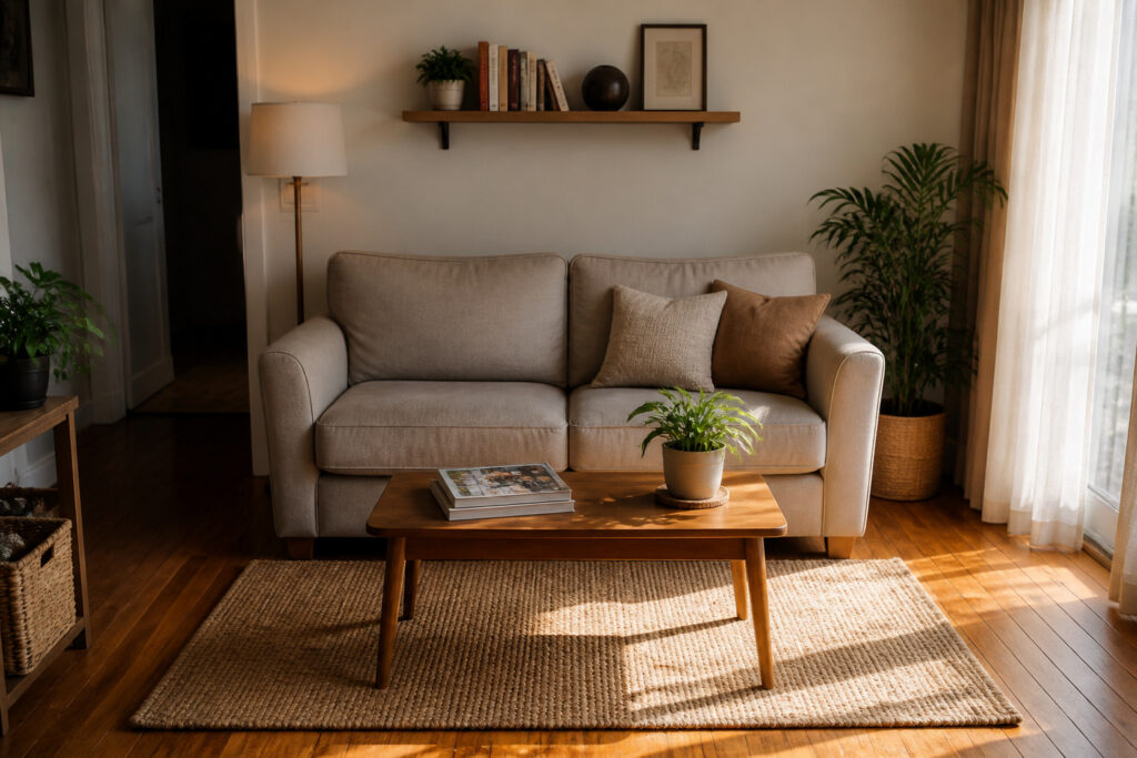 Cozy living room with sunlight streaming through sheer curtains