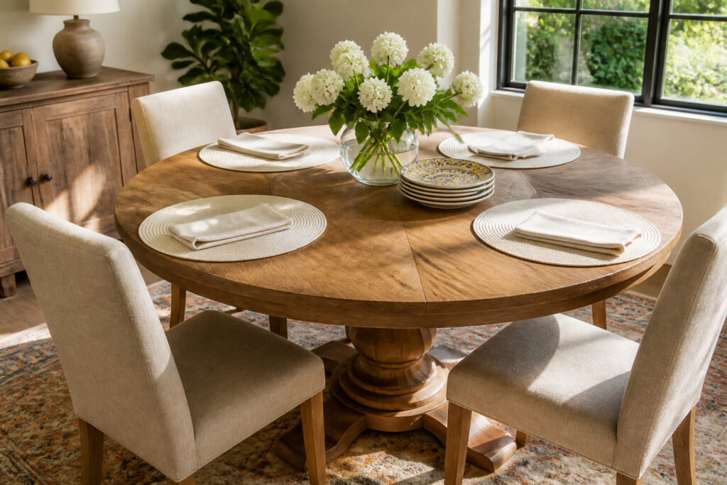 Brightly lit dining room with a round oak table set for breakfast.