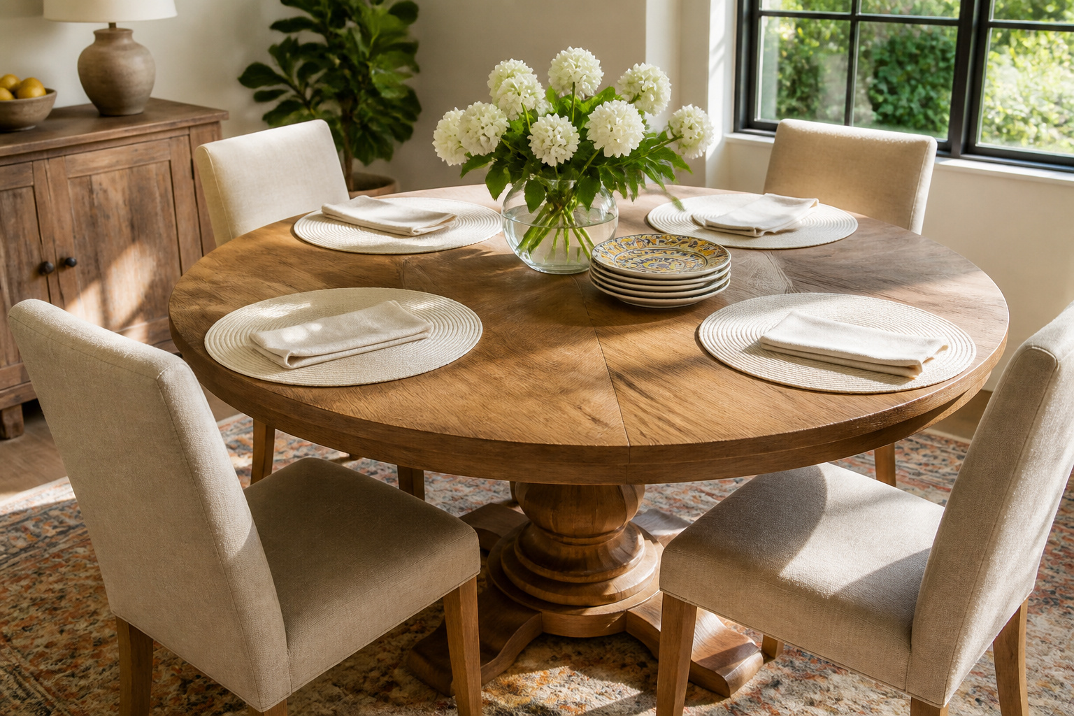 Brightly lit dining room with a round oak table set for breakfast.