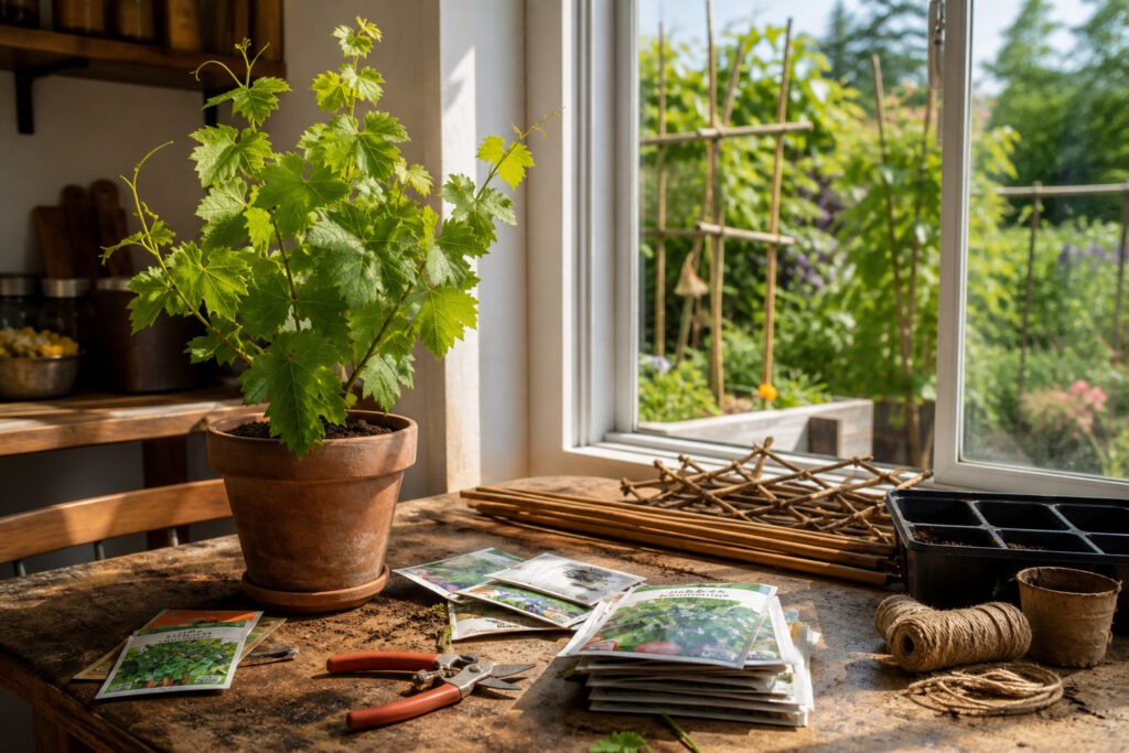 A sun-drenched kitchen corner with a cluttered wooden table and grape-related items.