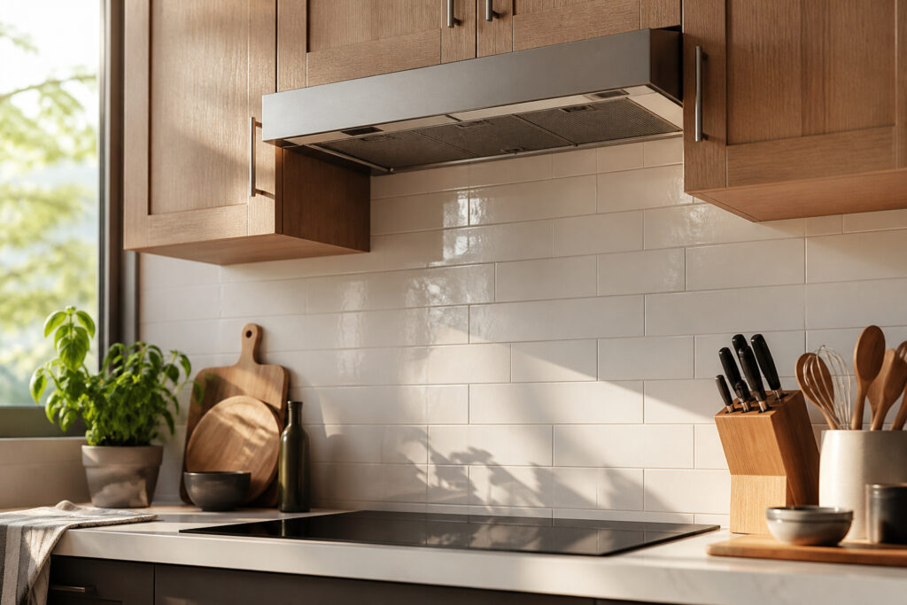 Modern kitchen with warm sunlight streaming in during late afternoon
