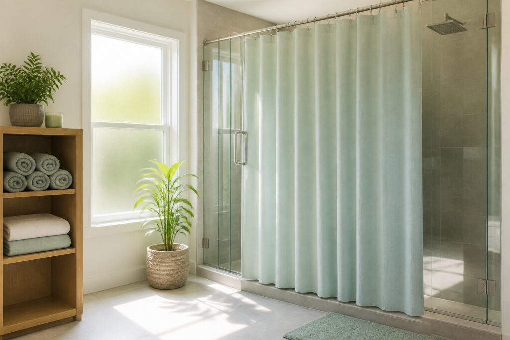 Bright bathroom with a large walk-in shower and no door