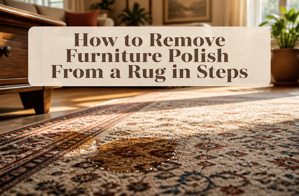 A close-up of a rug with a shiny furniture polish stain.