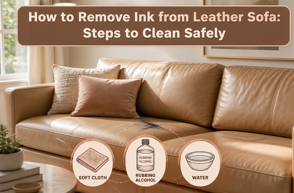 Leather sofa with cleaning supplies and a soft cloth.
