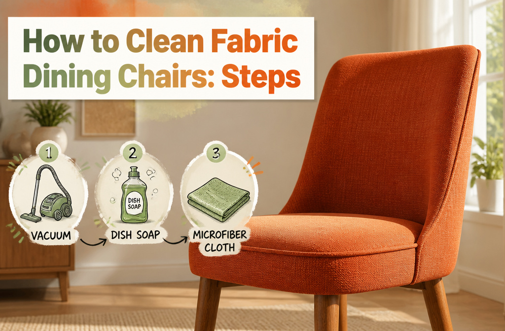 A fabric dining chair showing a care label on the underside.