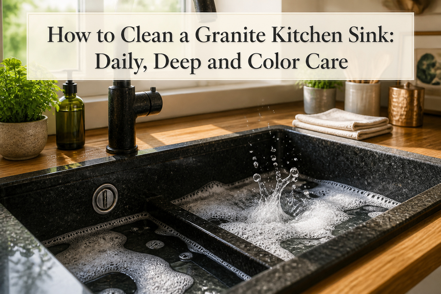 Granite sink integrated into a wooden countertop with natural light.