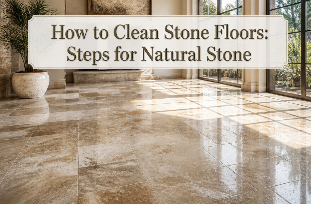 Polished stone floor reflecting light in a minimalistic interior.