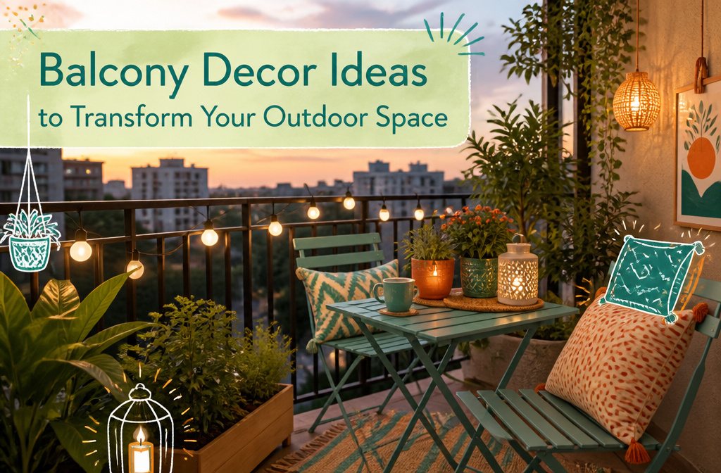 A balcony with plants, seating, and string lights for decoration.