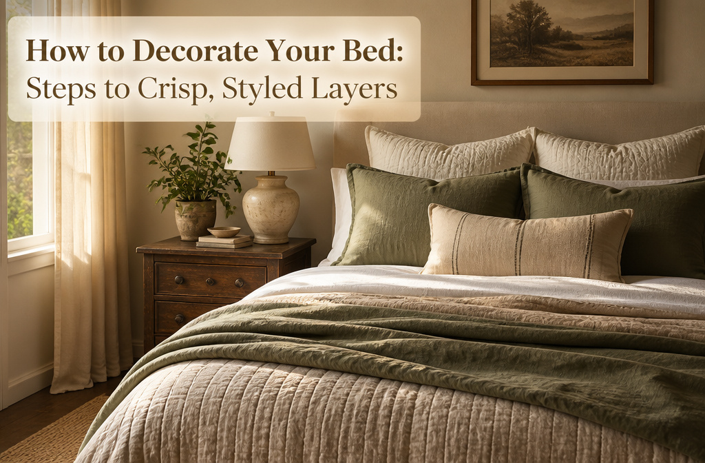 A layered bed with white sheets, gray duvet, and decorative pillows.
