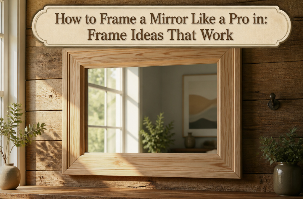 A collection of materials and tools for framing a mirror.