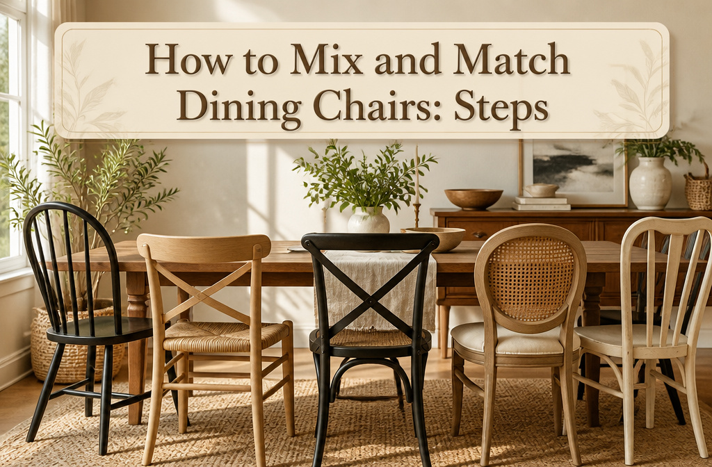 Various dining chairs in different styles and materials gathered around a table.