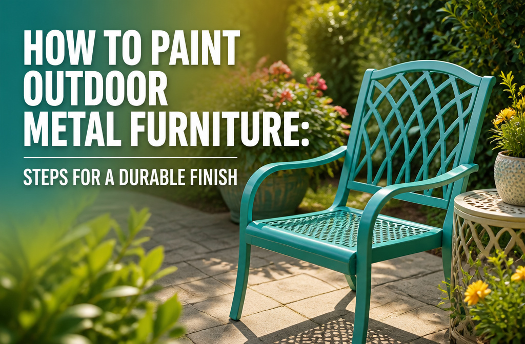 Worn wrought iron chair with rust and chipped paint on a wooden deck.